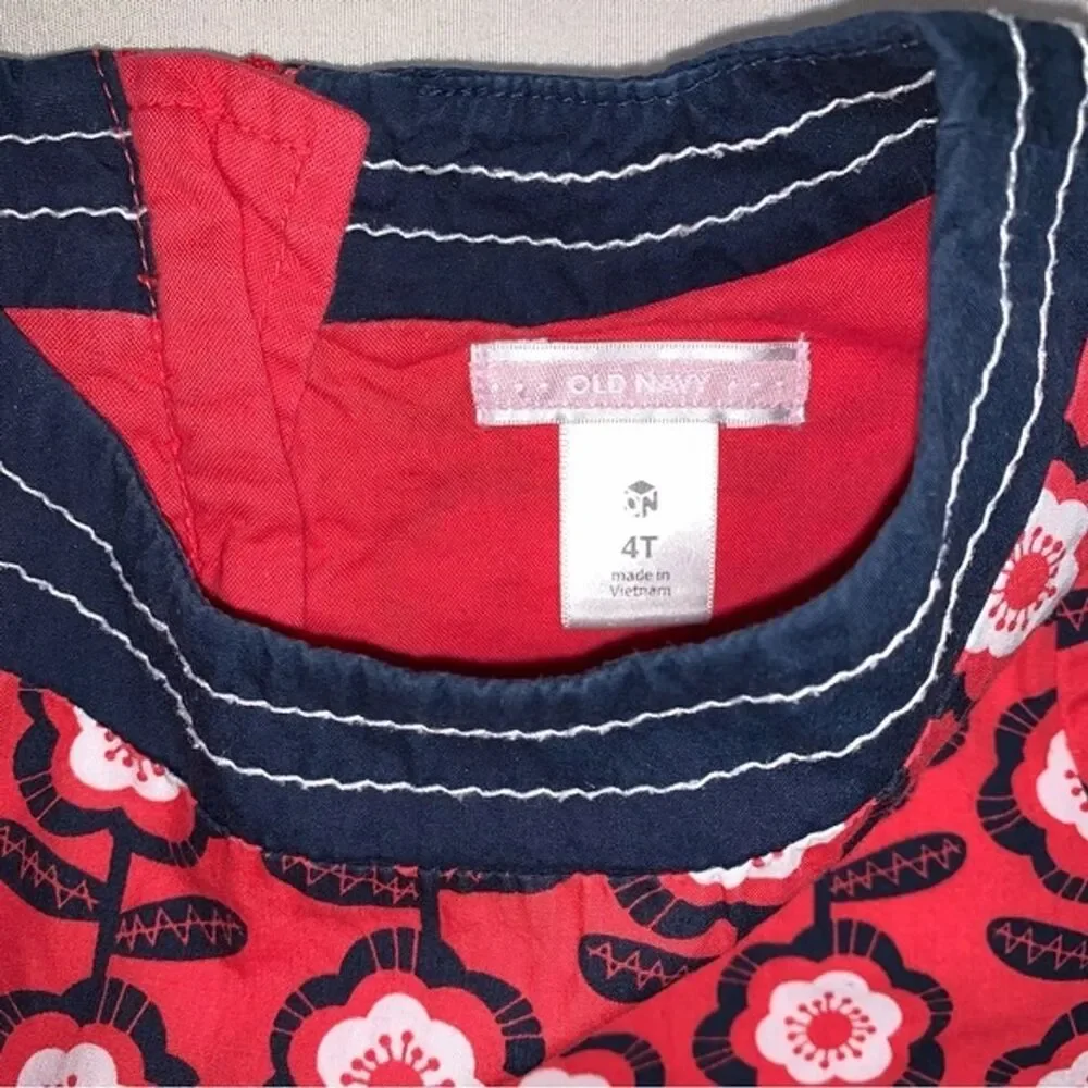 Old Navy Red Floral Navy Blue Dress Girl’s 4T Christmas Daisy Mod Retro Vibe